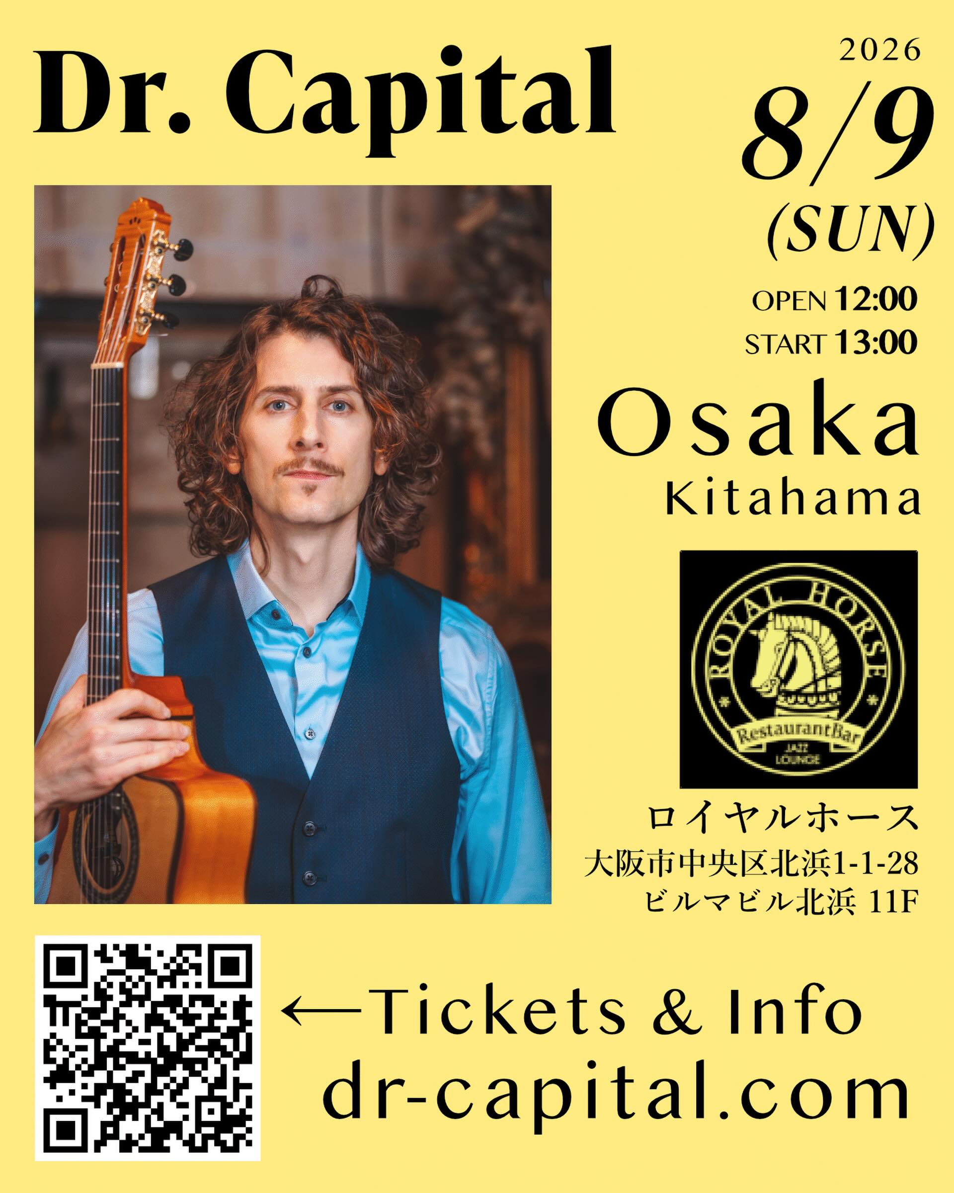 📣LIVE出演情報
大阪ライブ開催決定！「Dr. Capital Solo Live !」
2026/8/9 大阪 Dr. Capital LIVE at ロイヤルホース
OPEN 12:00 / START 13:00
出演：ドクターキャピタル

詳細と予約は @dr.capital のプロフィール欄 LinktreeをクリックしてHPのLIVE情報へアクセスできます🔗

#drcapital 
#ドクターキャピタル 
#guitar
#sisty 
#osakajapan